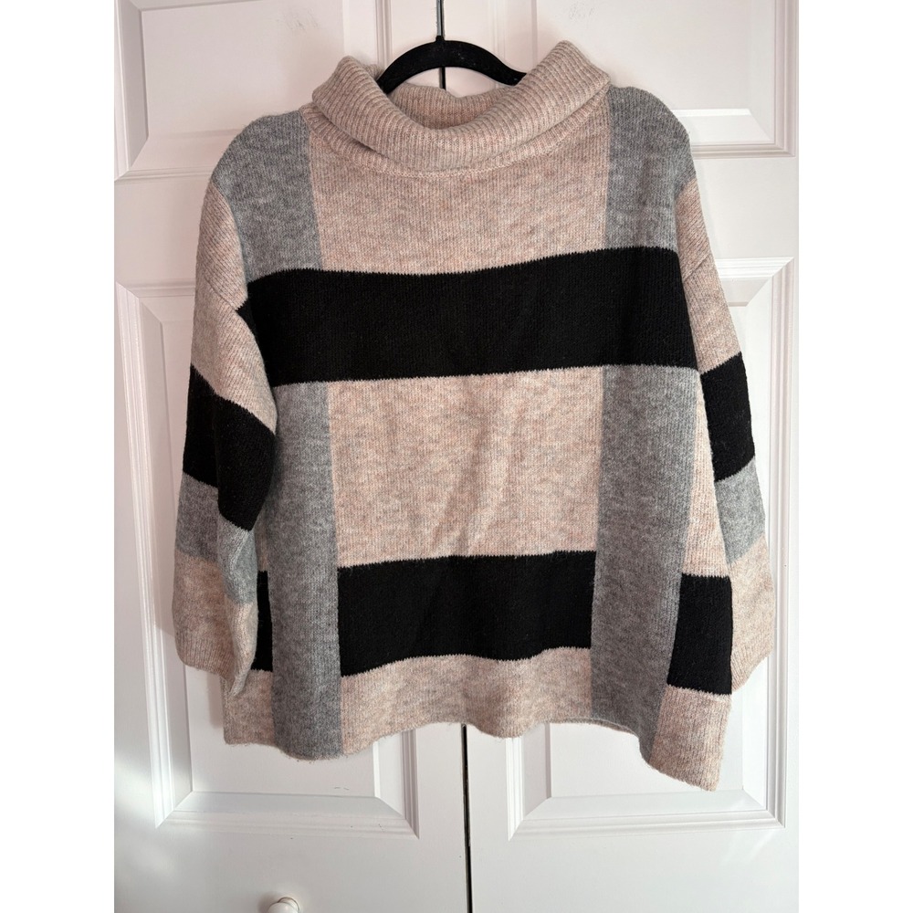 Venus Womens Colorblock Striped Turtleneck Wool Blend Sweater Tan Grey Black S